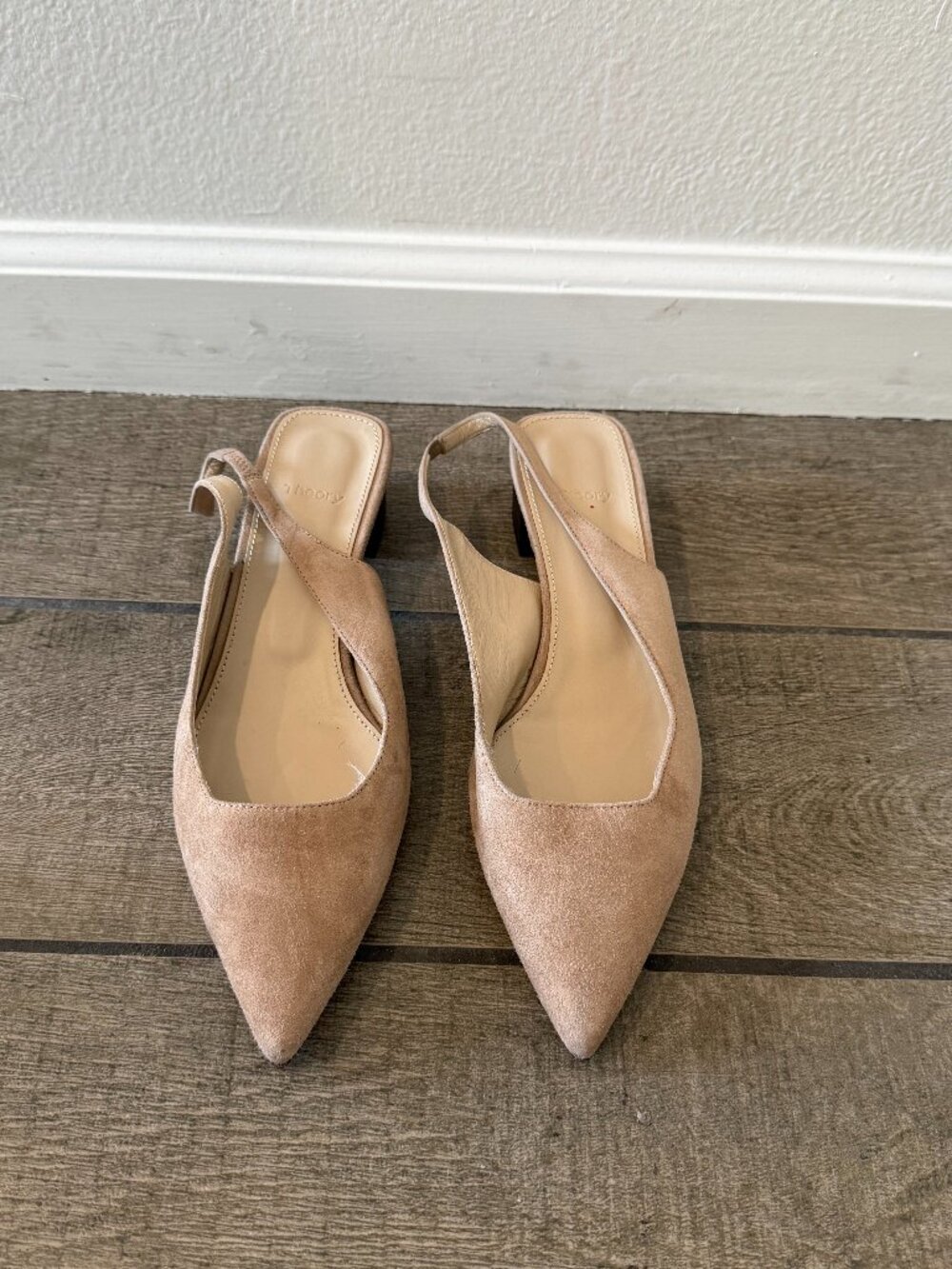 Theory Suede Pointed Toe Slingback Block Heel Nude Size 39.5